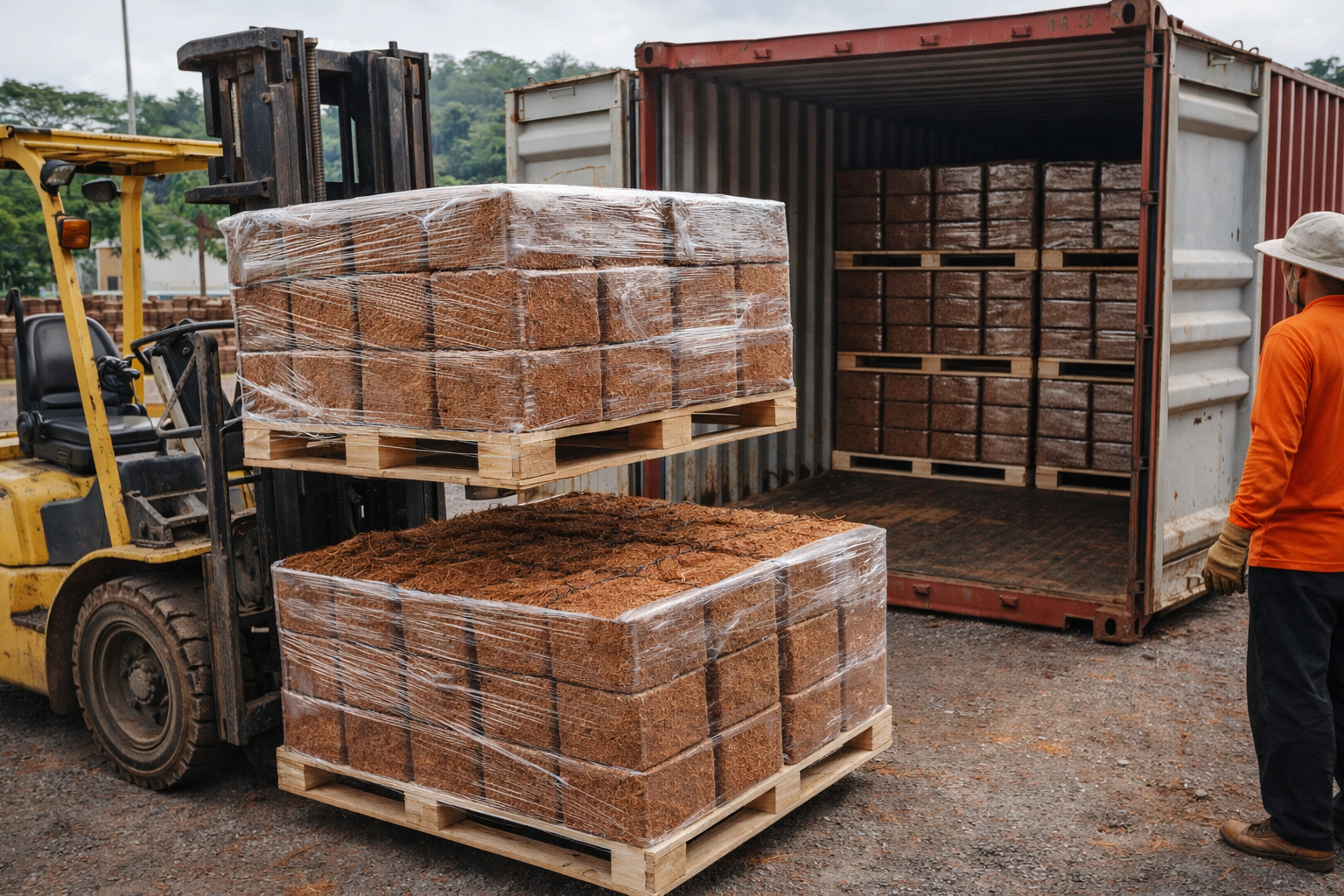 Palletized blocks loaded into container